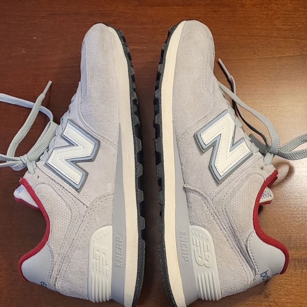 New Balance 574 Gray and Red Athletic Shoes, EUC!